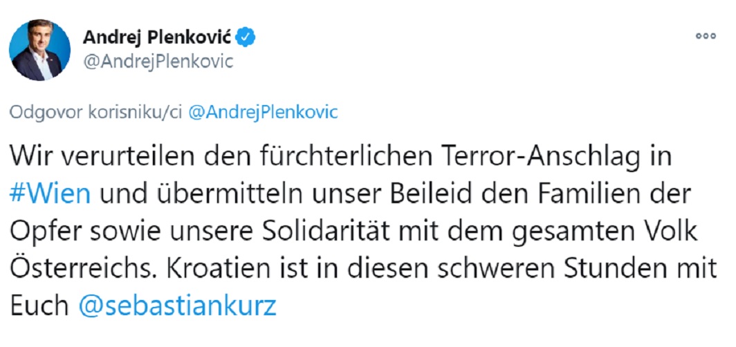 Predsjednik Plenković osudio napad u Beču i izrazio sućut obiteljima žrtava