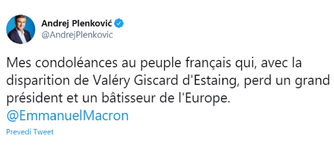 Sućut francuskom predsjedniku Macronu u povodu smrti Valéryja Giscarda d'Estainga